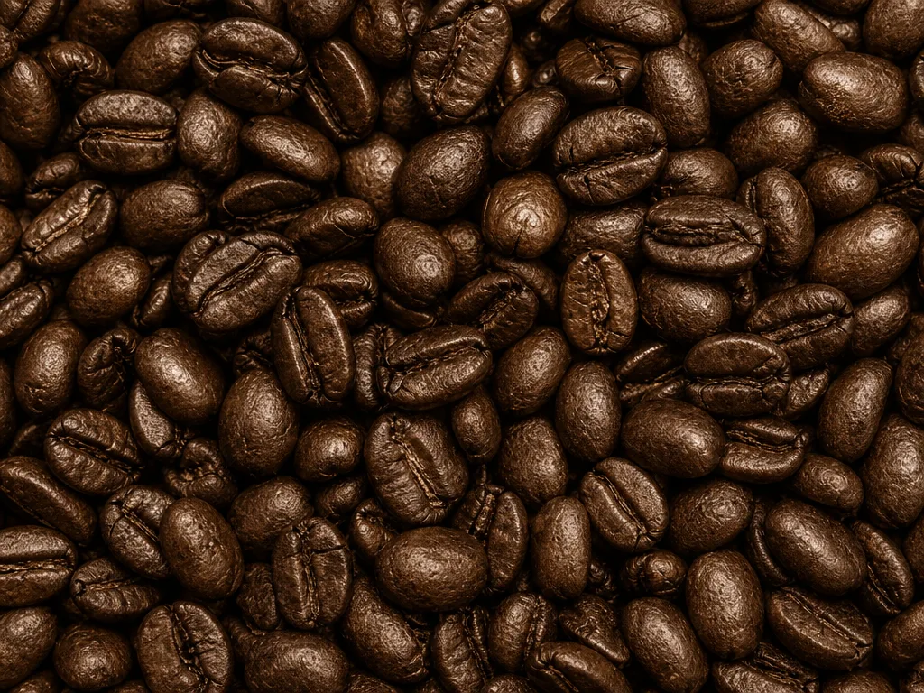 Roasted coffee beans filling the frame edge to edge under warm raking light.