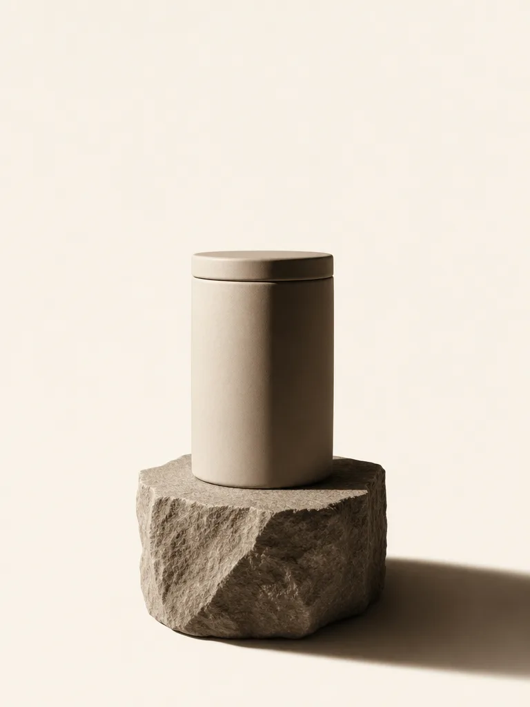 An unlabeled matte ceramic coffee canister standing on a rough stone plinth, lit from one side.