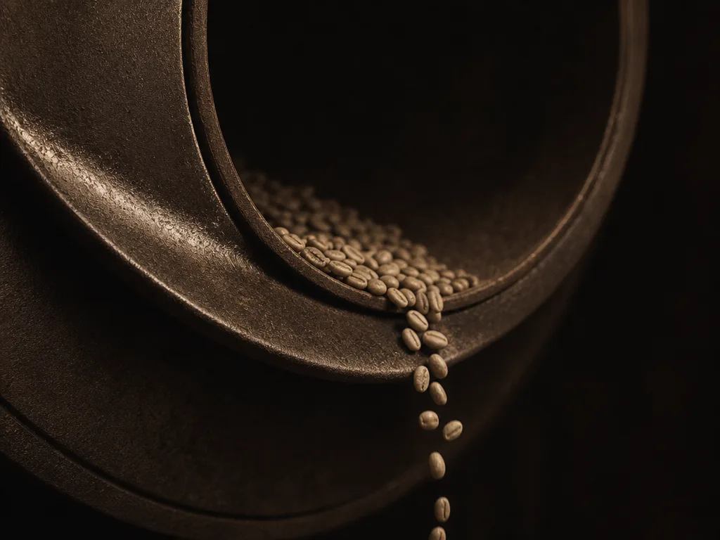 The mouth of a cast-iron drum roaster with a small trickle of green coffee beans at its lip.