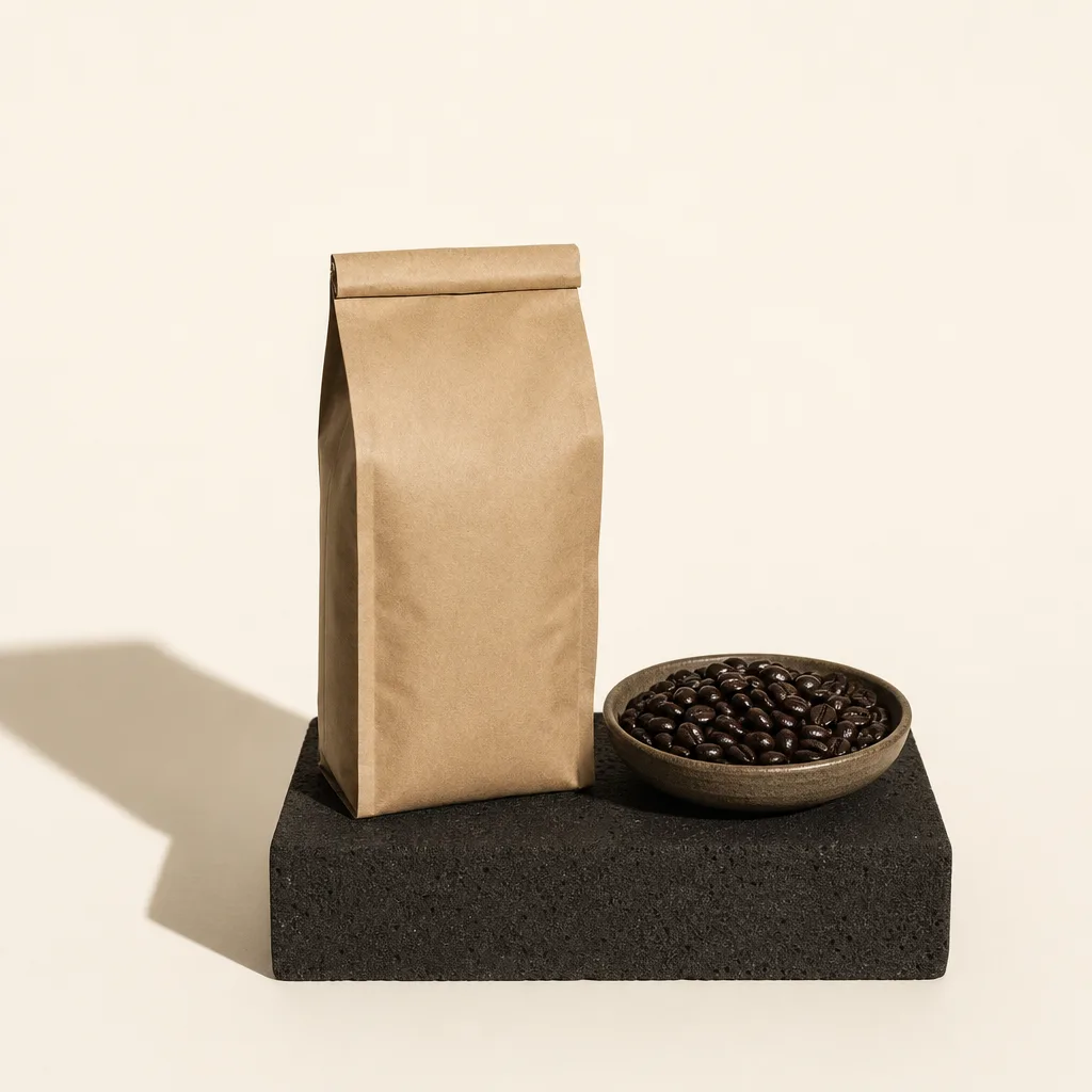 A sealed unlabeled kraft coffee bag on a dark basalt plinth beside a shallow dish of dark oily dark-roast beans.
