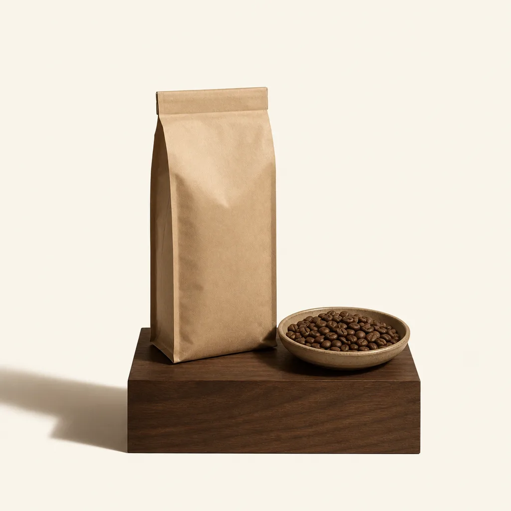 A sealed unlabeled kraft coffee bag on a walnut timber plinth beside a shallow dish of mid-brown medium-roast beans.
