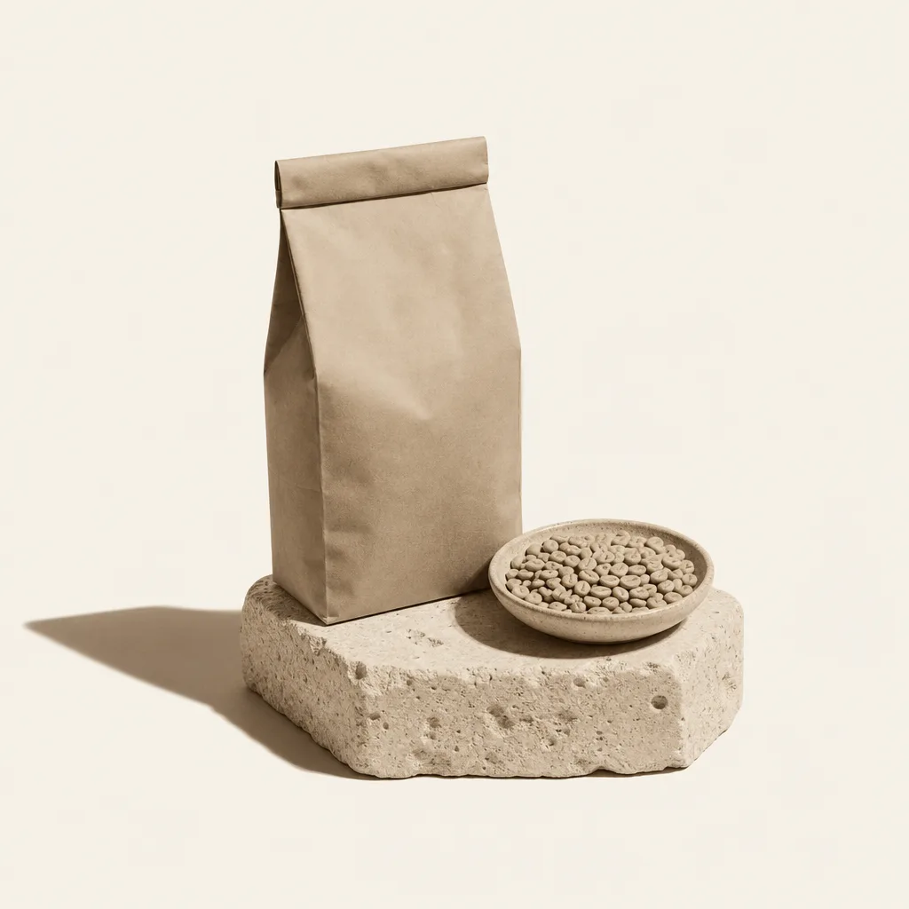 A sealed unlabeled kraft coffee bag on a pale limestone plinth beside a shallow dish of pale light-roast beans.