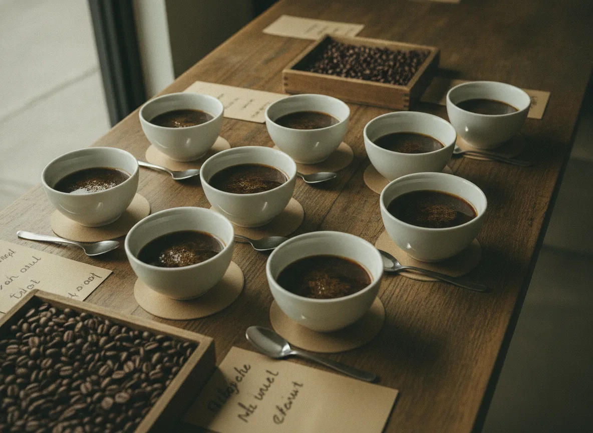 Cupping table set with bowls, spoons, and trays of roasted beans
