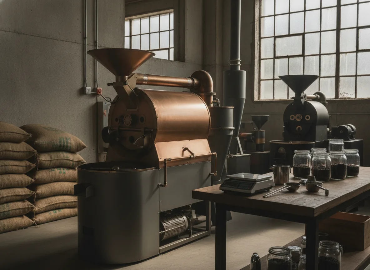 Roastery interior with drum roaster, burlap sacks, and a workbench