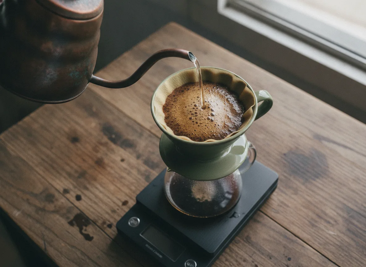 Pour-over brew in progress on a scale, bloom visible