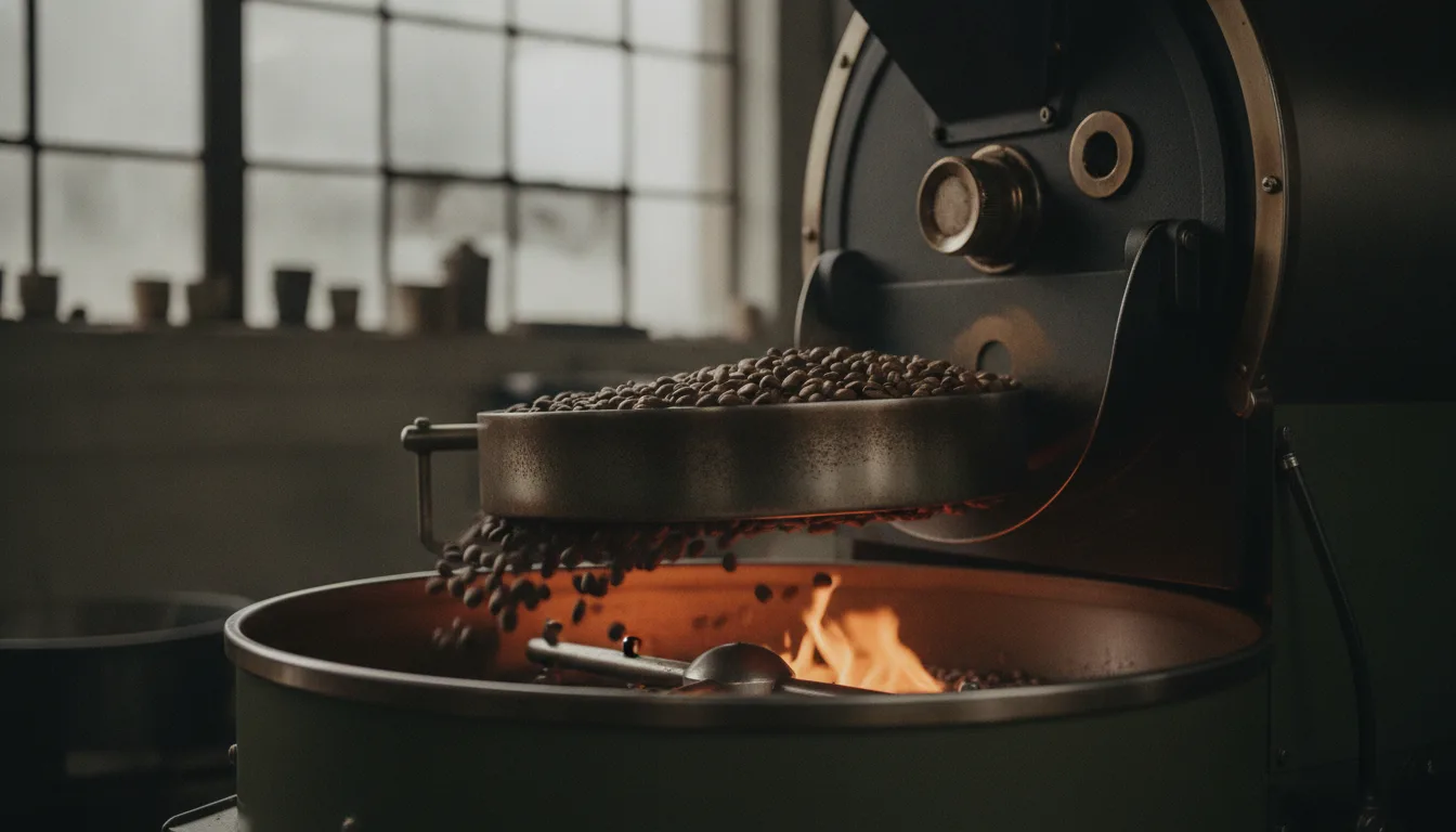 Steel drum roaster mid-roast with beans visible in the trier
