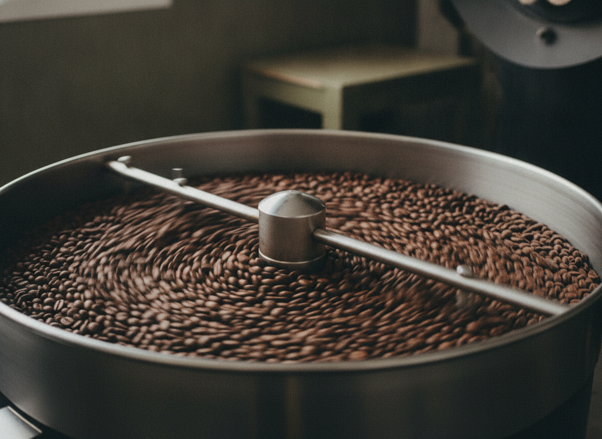 Freshly roasted beans being stirred in the cooling tray