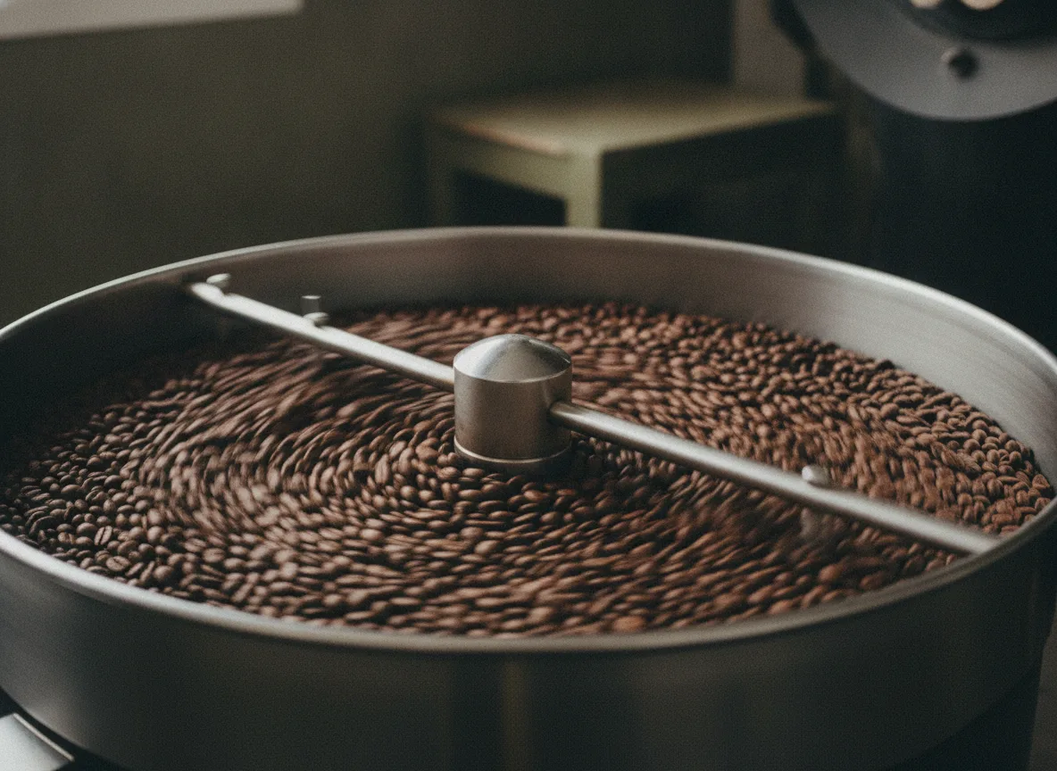 Freshly roasted beans being stirred in the cooling tray