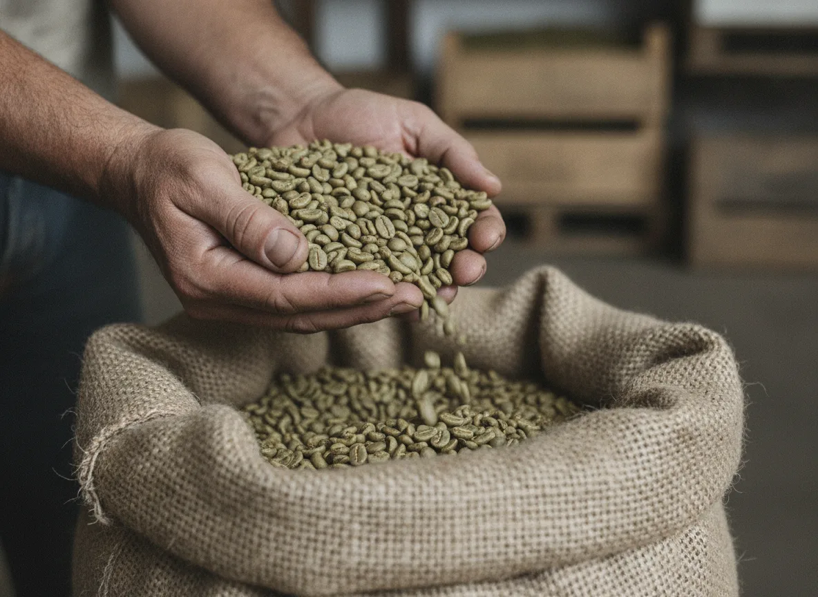 Hands holding green unroasted coffee beans over a burlap sack