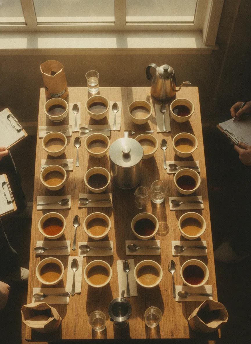 The Saturday cupping table seen from above — bowls and tasting spoons in warm, sun-washed retro-film light.