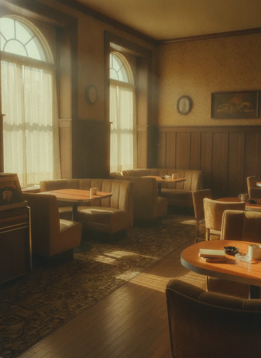 The First Crack cafe room in 1970s warmth, wood and ochre tones, sunlight across the floor.
