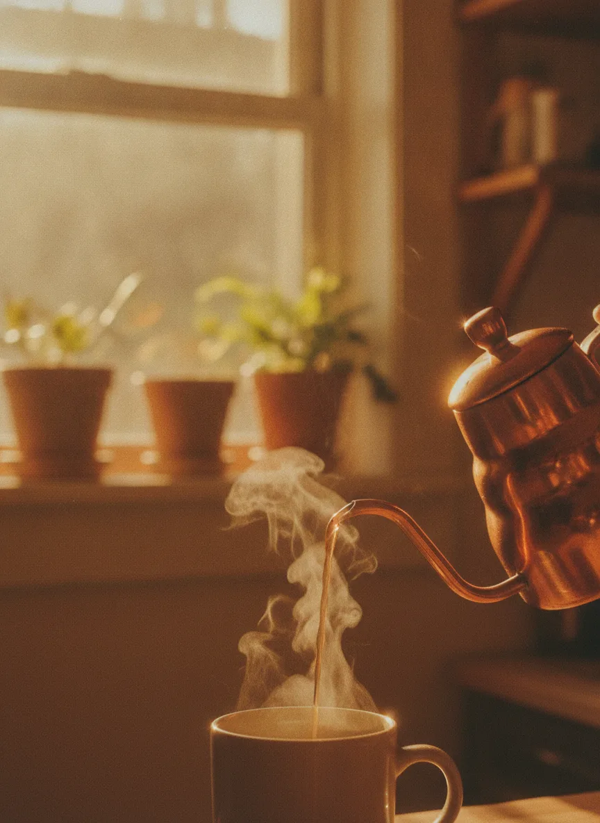 A slow pour of coffee catching golden window light, steam rising, in warm sun-washed retro-film tones.