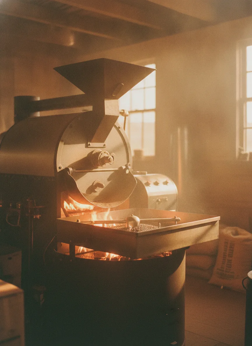 A coffee roaster drum and cooling tray lit by an orange flame-glow, warm grainy retro-film light.
