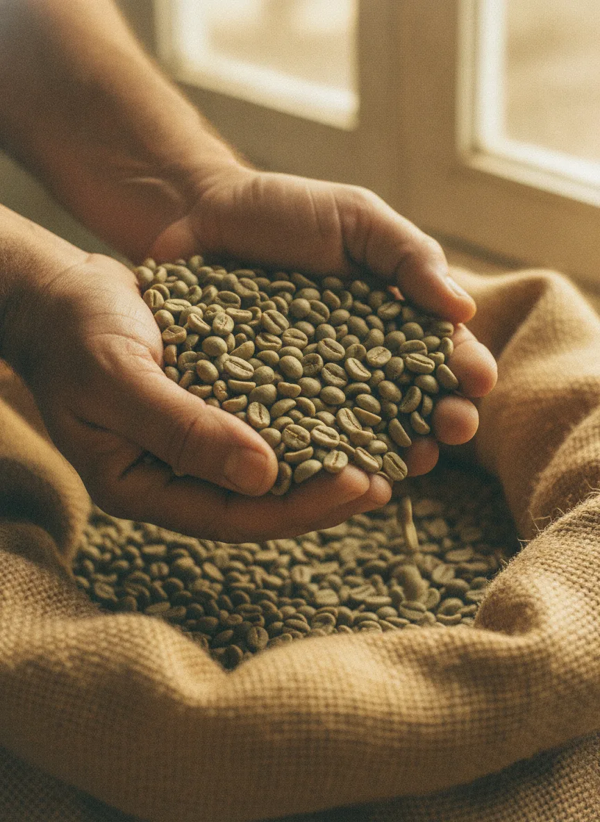 Hands cradling raw green coffee beans over a burlap sack in warm, sun-washed light.