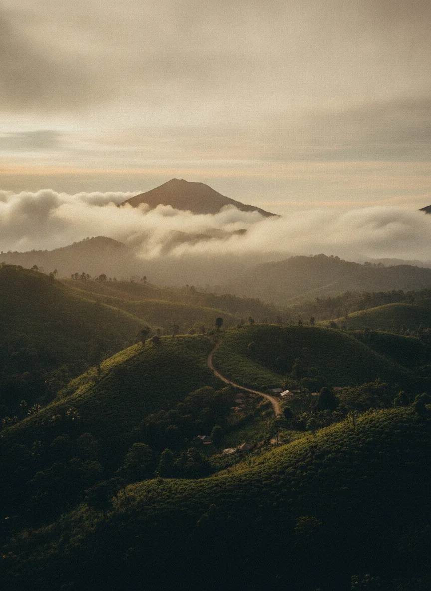 Sumatra highlands under low cloud with deep avocado-green foliage, warm faded retro-film tones.