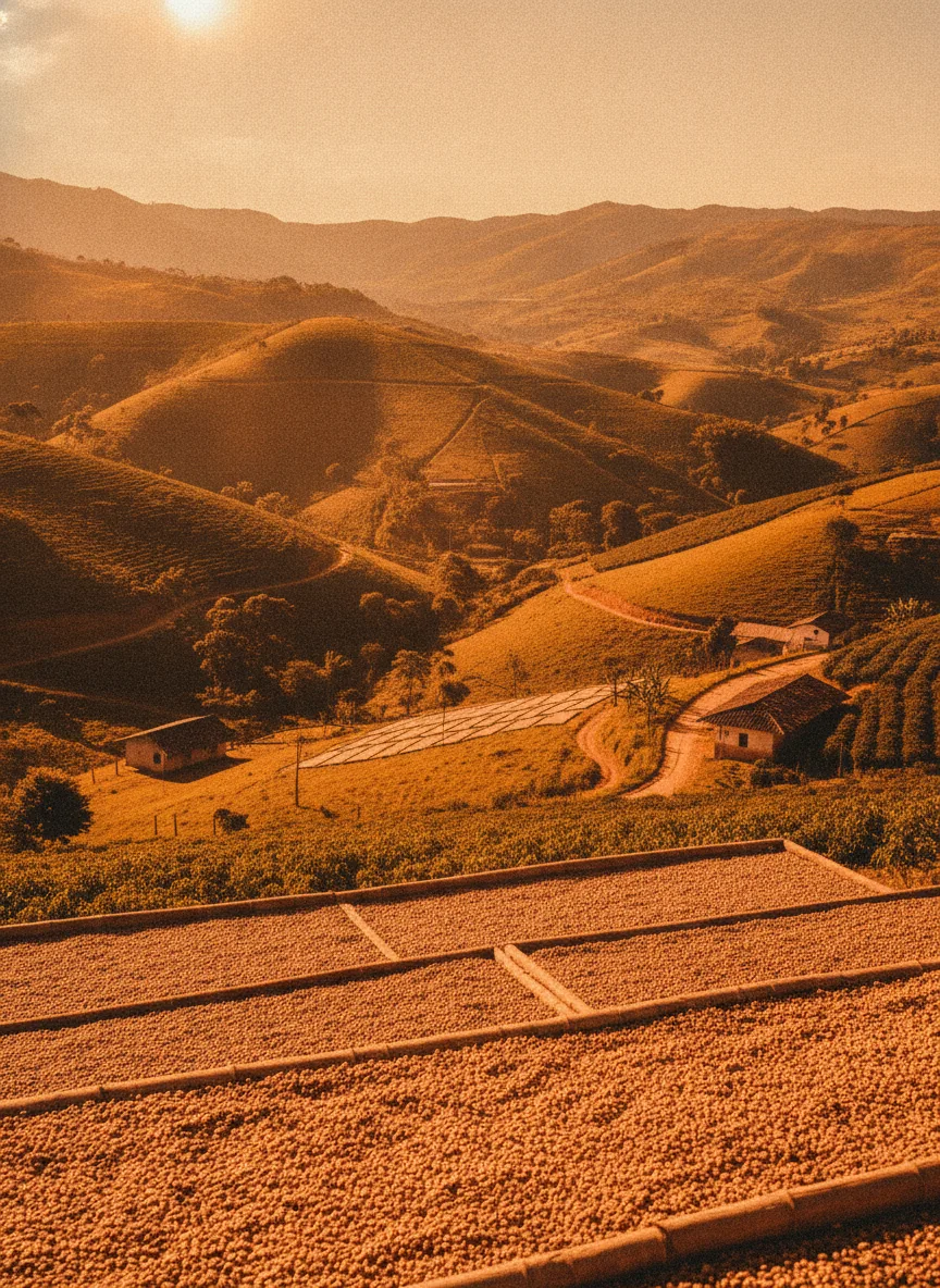Colombian Huila hillsides bathed in caramel-warm afternoon light, sun-washed retro-film grade.