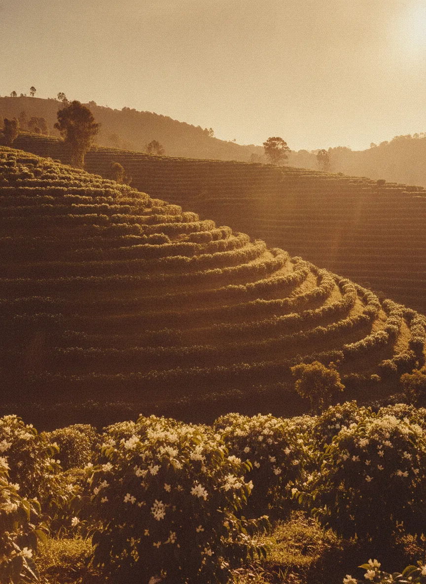 Ethiopian Gedeo highland terraces in jasmine-bright golden light, warm retro-film grain.