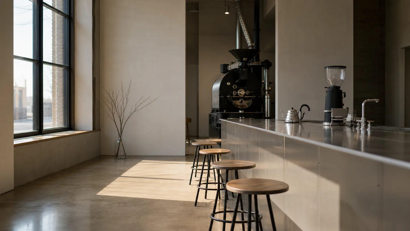 The roastery cafe in morning window light: a steel counter, empty stools, and the drum roaster standing at the back of the room.