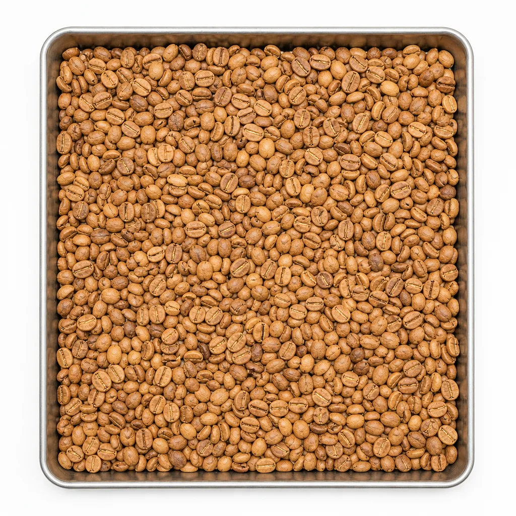 Pale light-roast Yirgacheffe beans in a shallow steel tray.