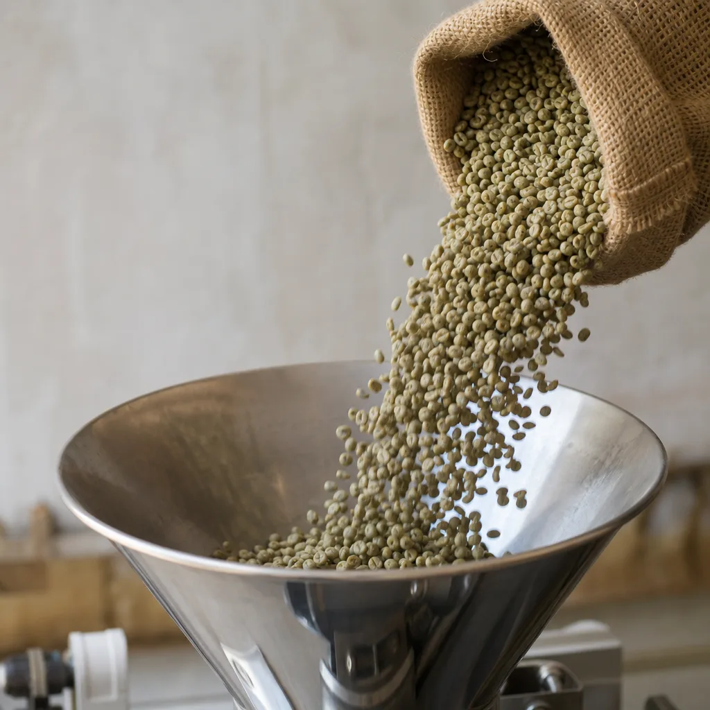 Green unroasted coffee beans cascading from a jute sack into a steel hopper.