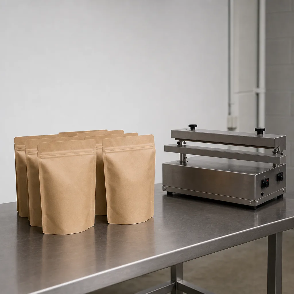 Plain unlabeled kraft coffee bags standing beside a steel heat sealer on a workbench.