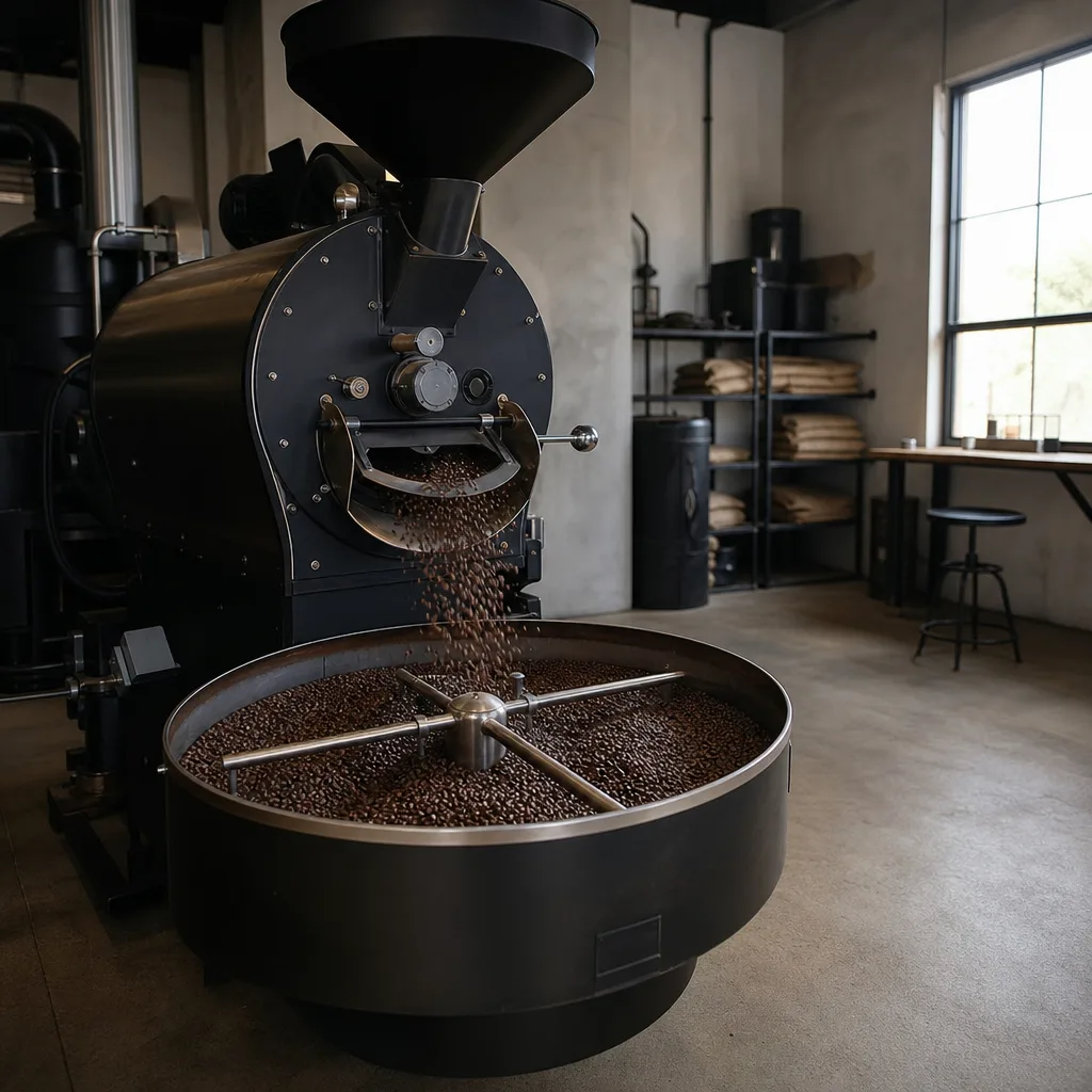 A steel drum roaster discharging fresh roasted beans into its cooling tray.