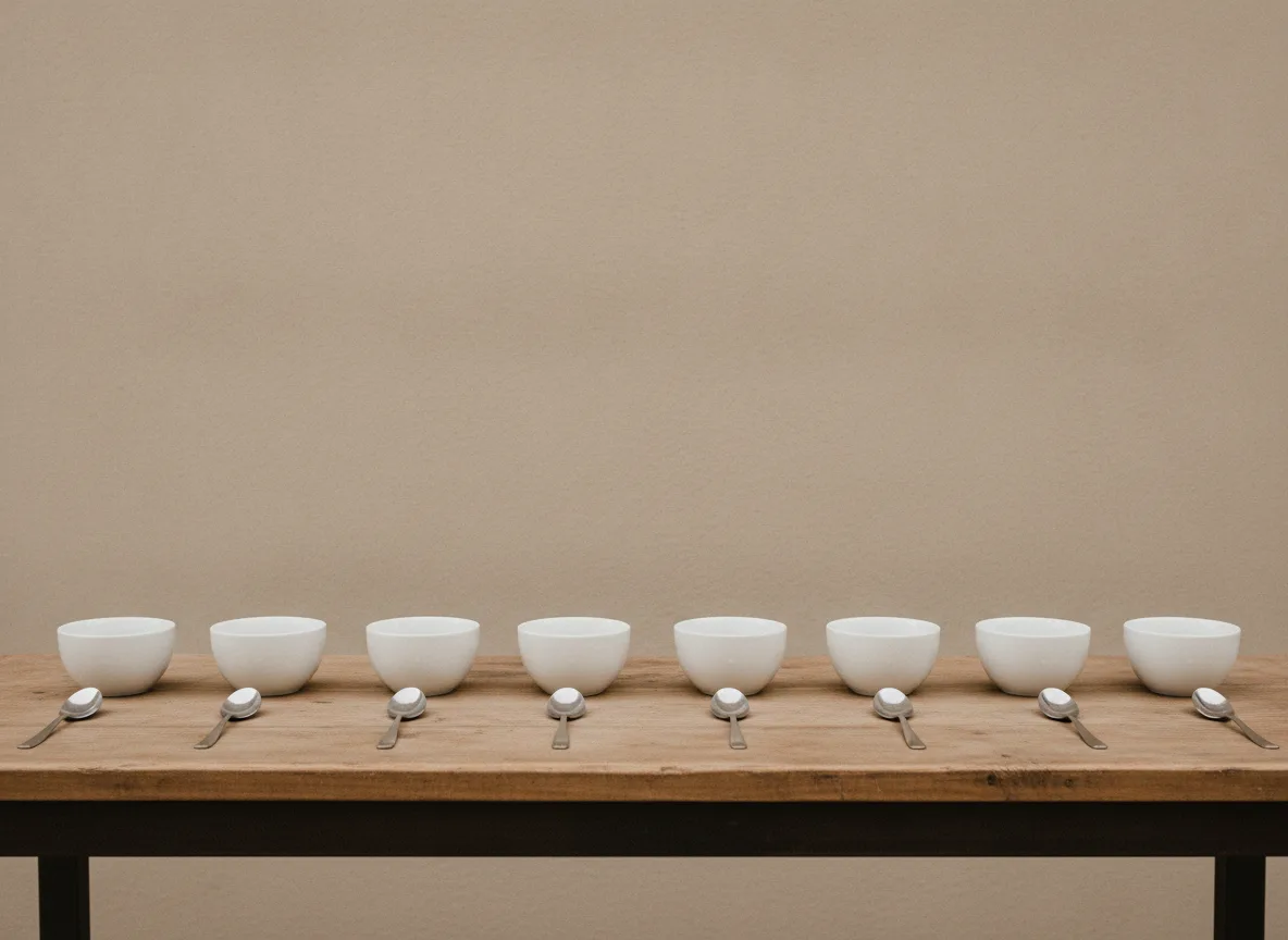 The Saturday cupping table: a row of identical cups with spoons laid beside them.