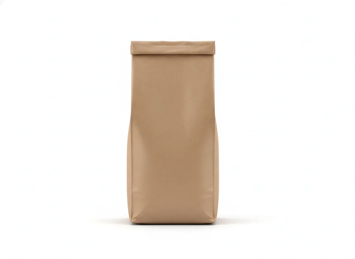 A sealed kraft coffee bag standing upright, photographed straight-on against white.