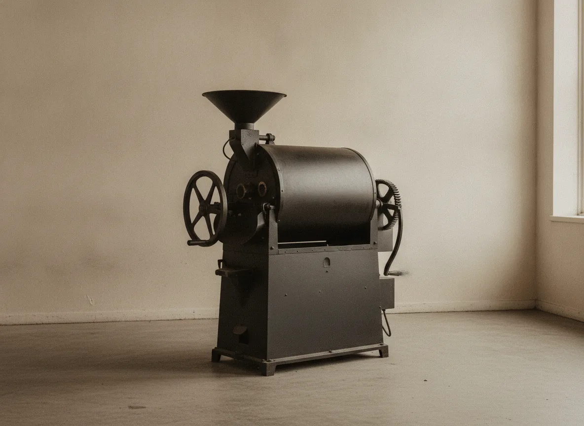 A drum roaster standing in a quiet workshop under even daylight.