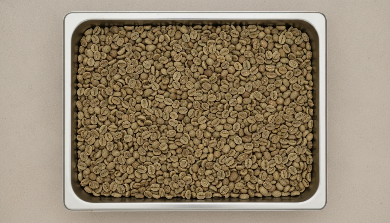 Raw green unroasted coffee beans in a shallow steel tray under flat daylight.