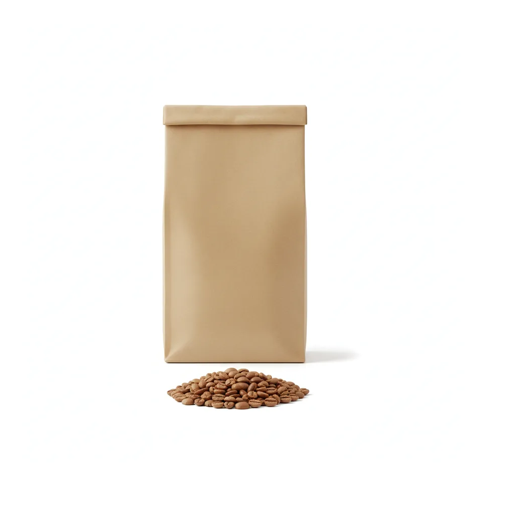 A kraft coffee bag beside a small pile of light roast beans on white.
