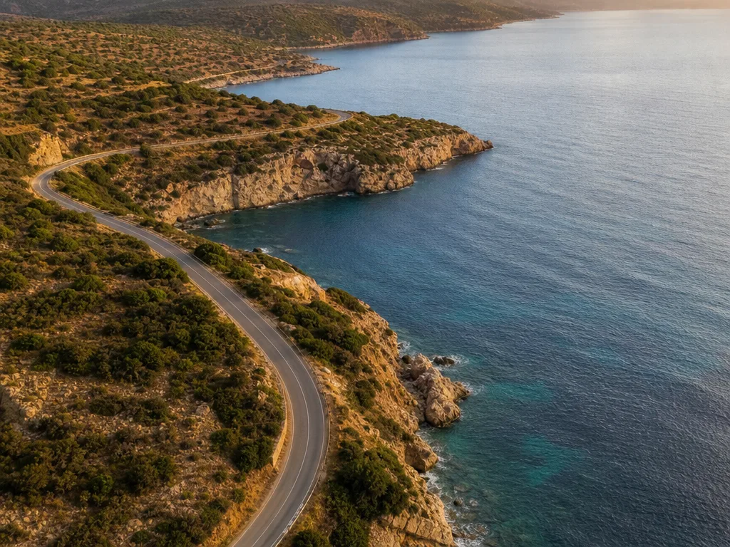 An aerial view of a coastal road curving between cliffs and open sea