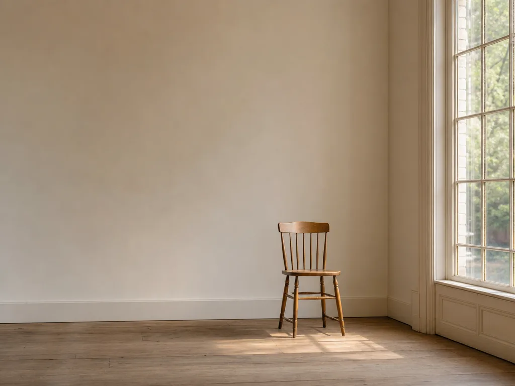 A bright interior room with a tall window and a single wooden chair