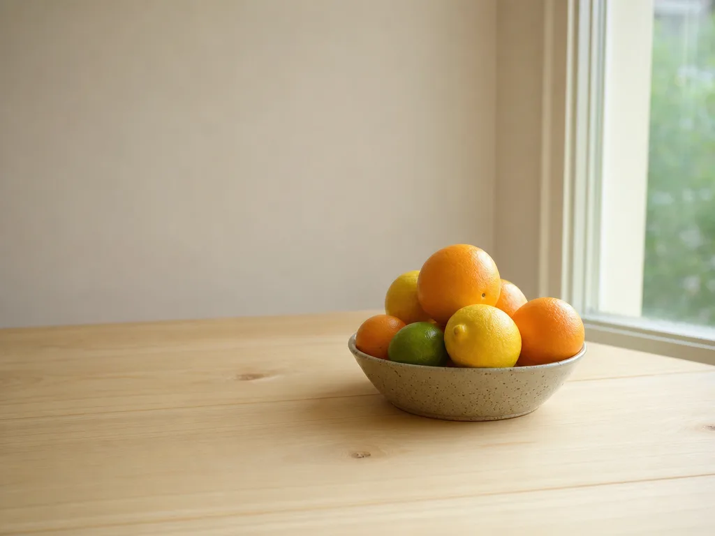 A shallow ceramic bowl of whole citrus on a pale wooden table beside a window