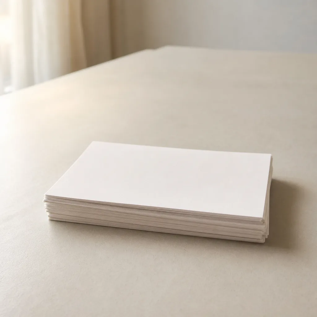 A neat stack of blank photographic prints resting on a pale table in soft daylight