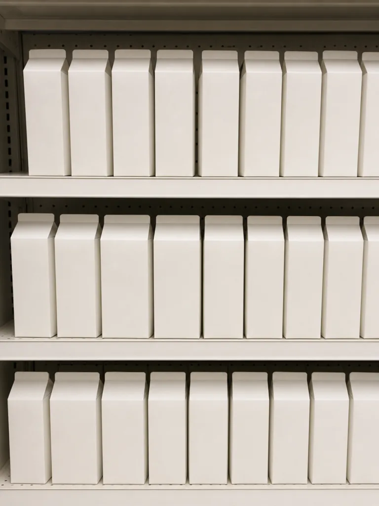 A tall supermarket shelf holding a row of identical blank unlabelled cartons.