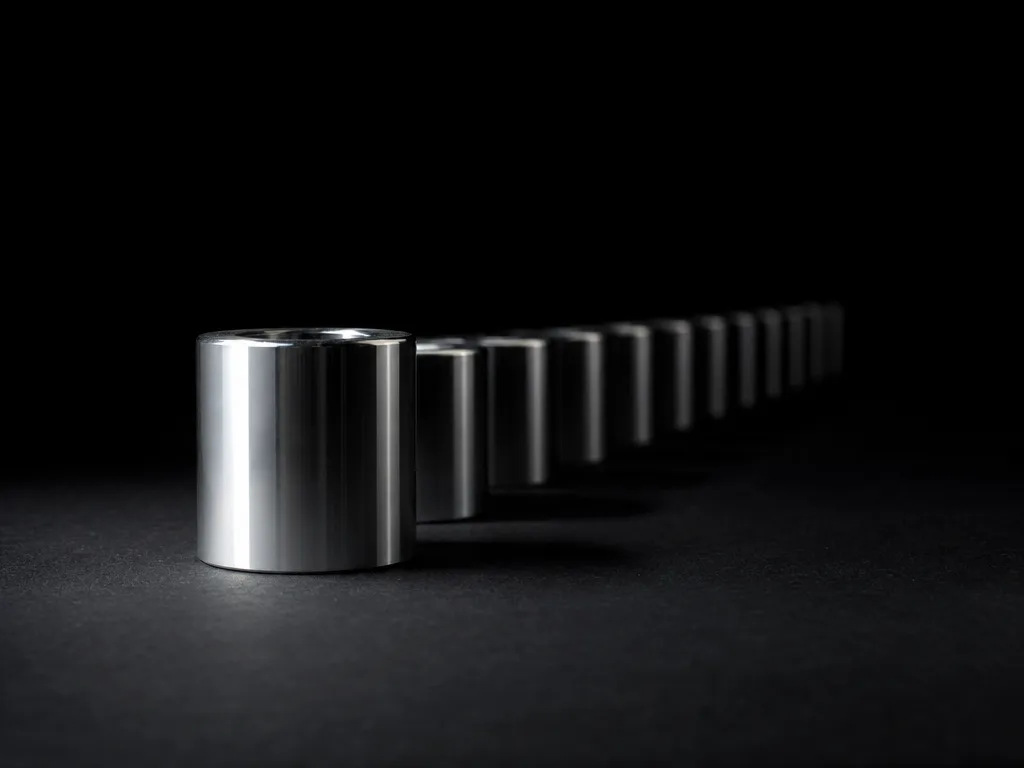 A long row of identical polished nickel cylinders receding into darkness, hard cool light falling across the nearest and dropping off sharply.