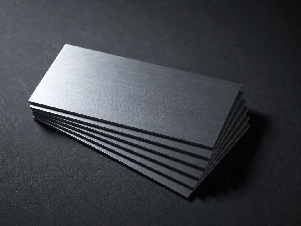 A stack of thin brushed-aluminium plates fanned slightly apart on a graphite surface under hard cool side light.