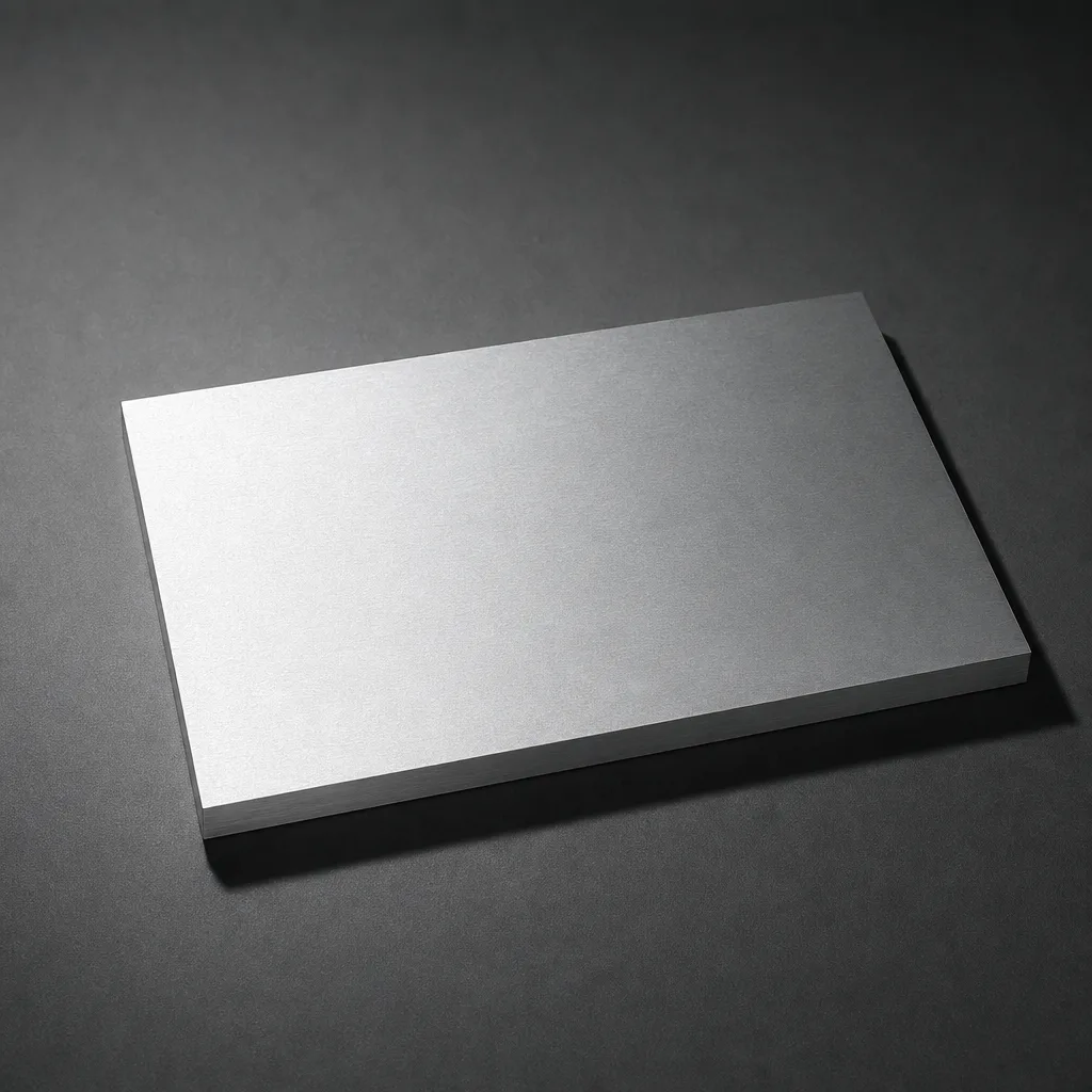 A single blank machined aluminium plate lying flat on a graphite surface under hard cool directional light.