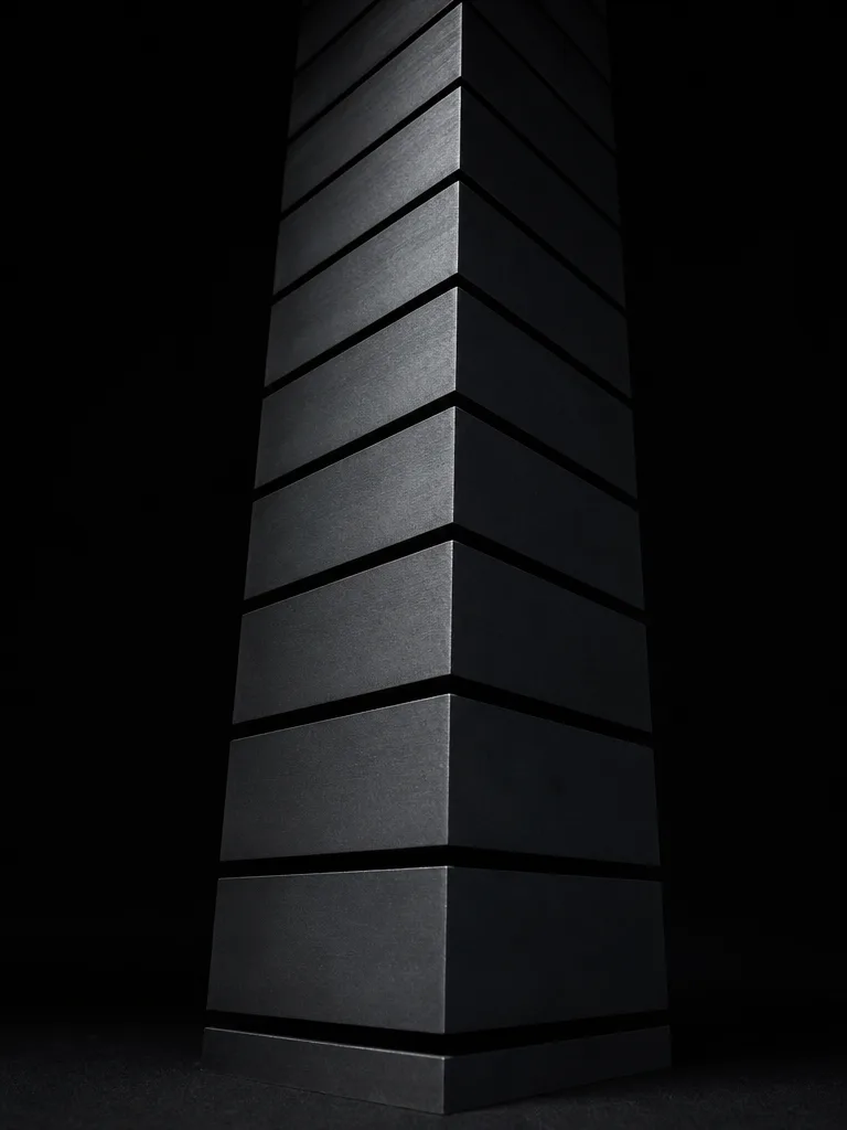A tall column of stacked graphite blocks receding upward, hard cool light raking one edge into a deep hard shadow.
