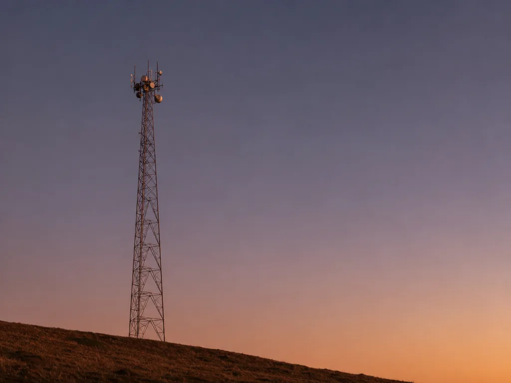 A lattice relay tower standing on a bare hillside at dusk, small dishes at its crown, a plain open sky behind it.