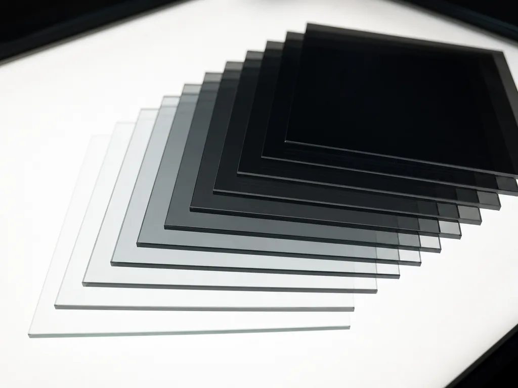A stack of neutral-density glass filters resting edge-on on a glowing lightbox, each sheet slightly offset from the last.