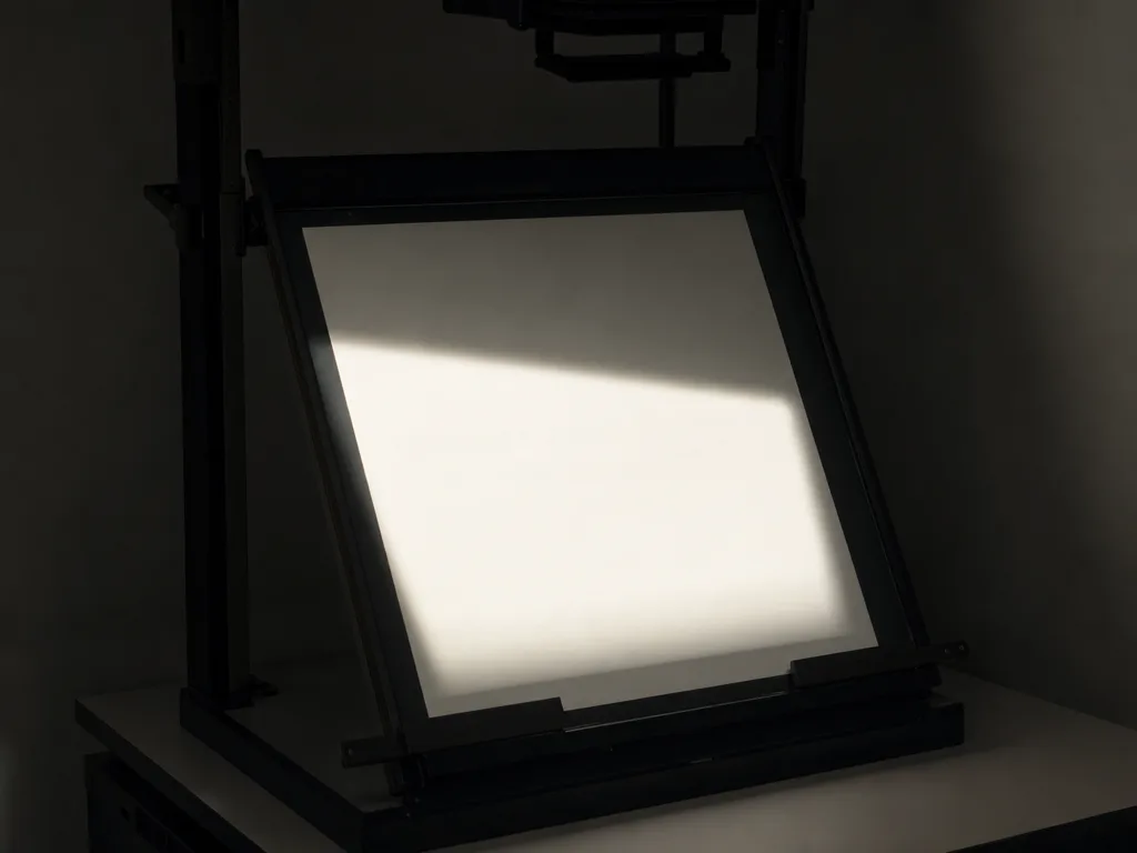 A darkroom enlarger easel holding a single blank sheet of paper, a bright rectangle of projected light falling across it.
