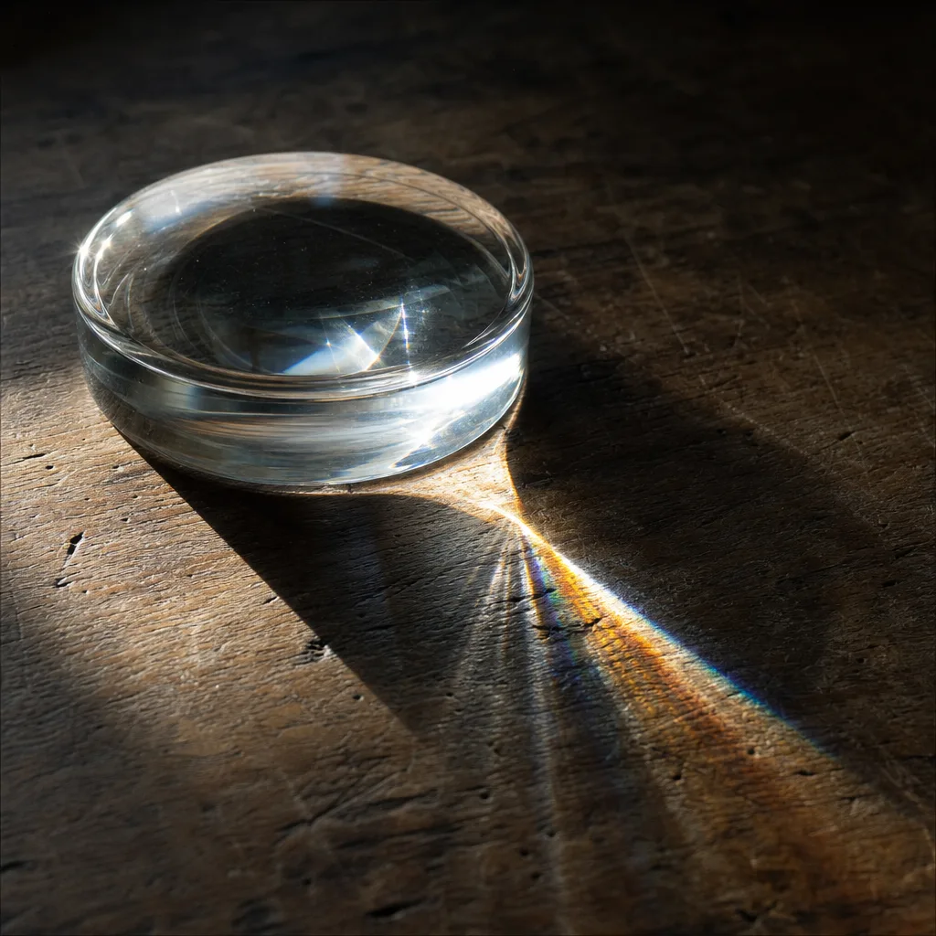 A single thick glass lens element on a dark workbench, a shaft of window light throwing a bright refracted caustic across the wood.