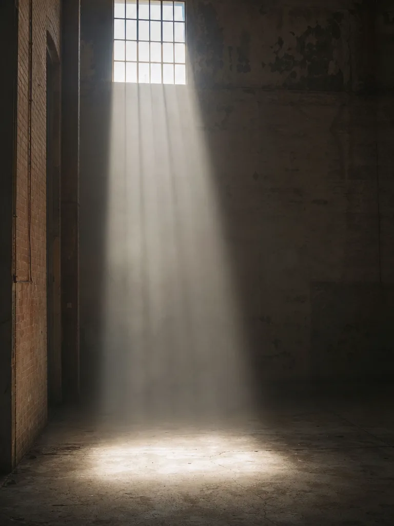 A tall column of daylight falling through a high dusty window into an empty workshop, striking a plain concrete floor.