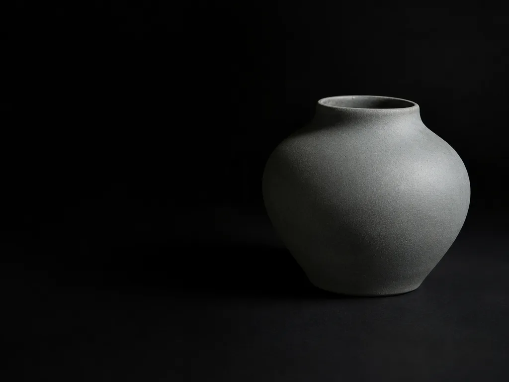 A single matte ceramic vessel lit from one hard cool side light, placed off-center on a near-black surface — the untransformed source frame.