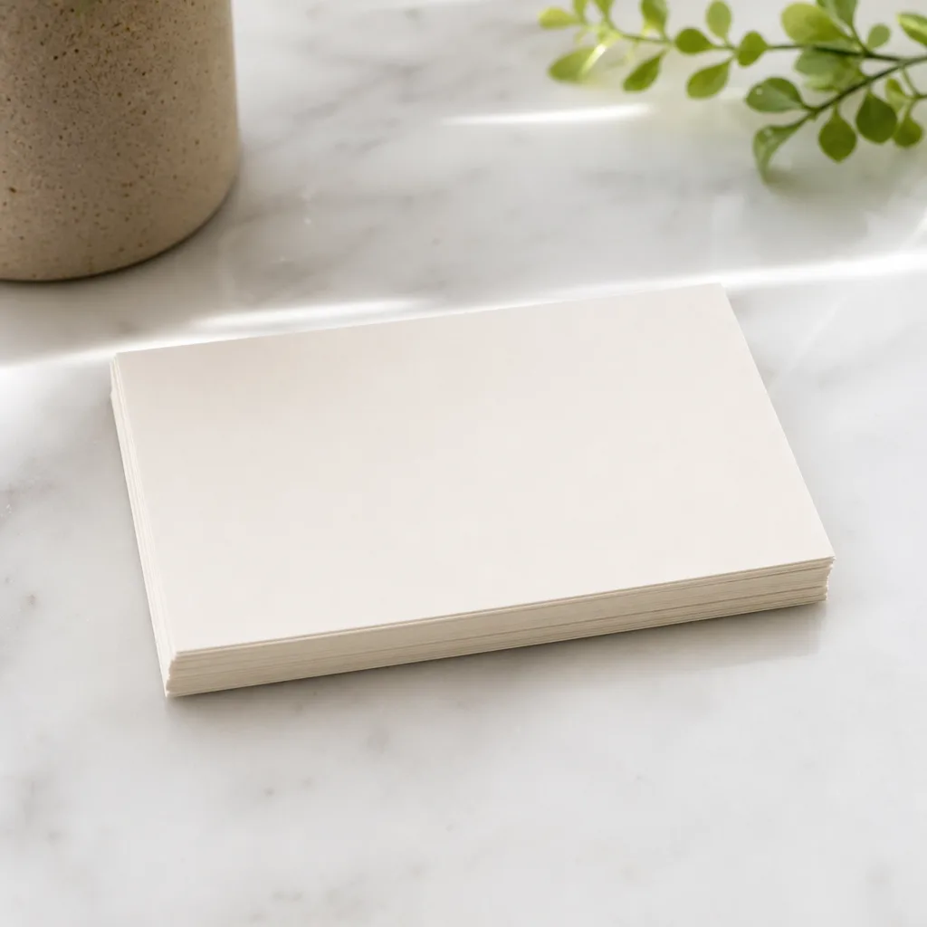 A neat stack of blank pale cards on a bright clean table — your untouched originals, fetched on demand.