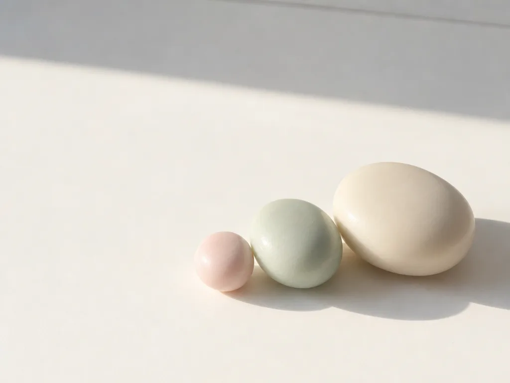 Three smooth rounded objects of graduated size on a clean pale surface — small, medium, and large.