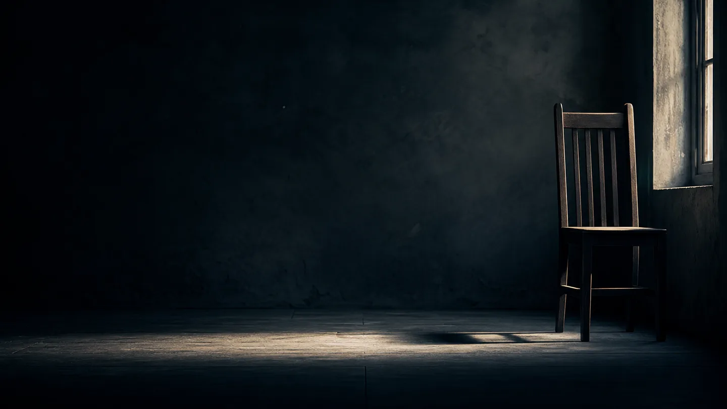 A tall empty chair beside a window at the right of the frame, low sun raking across a bare dark floor.
