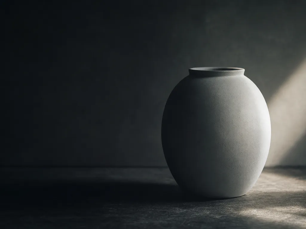 A smooth ceramic vessel on a dark surface beside hard window light, the source still.